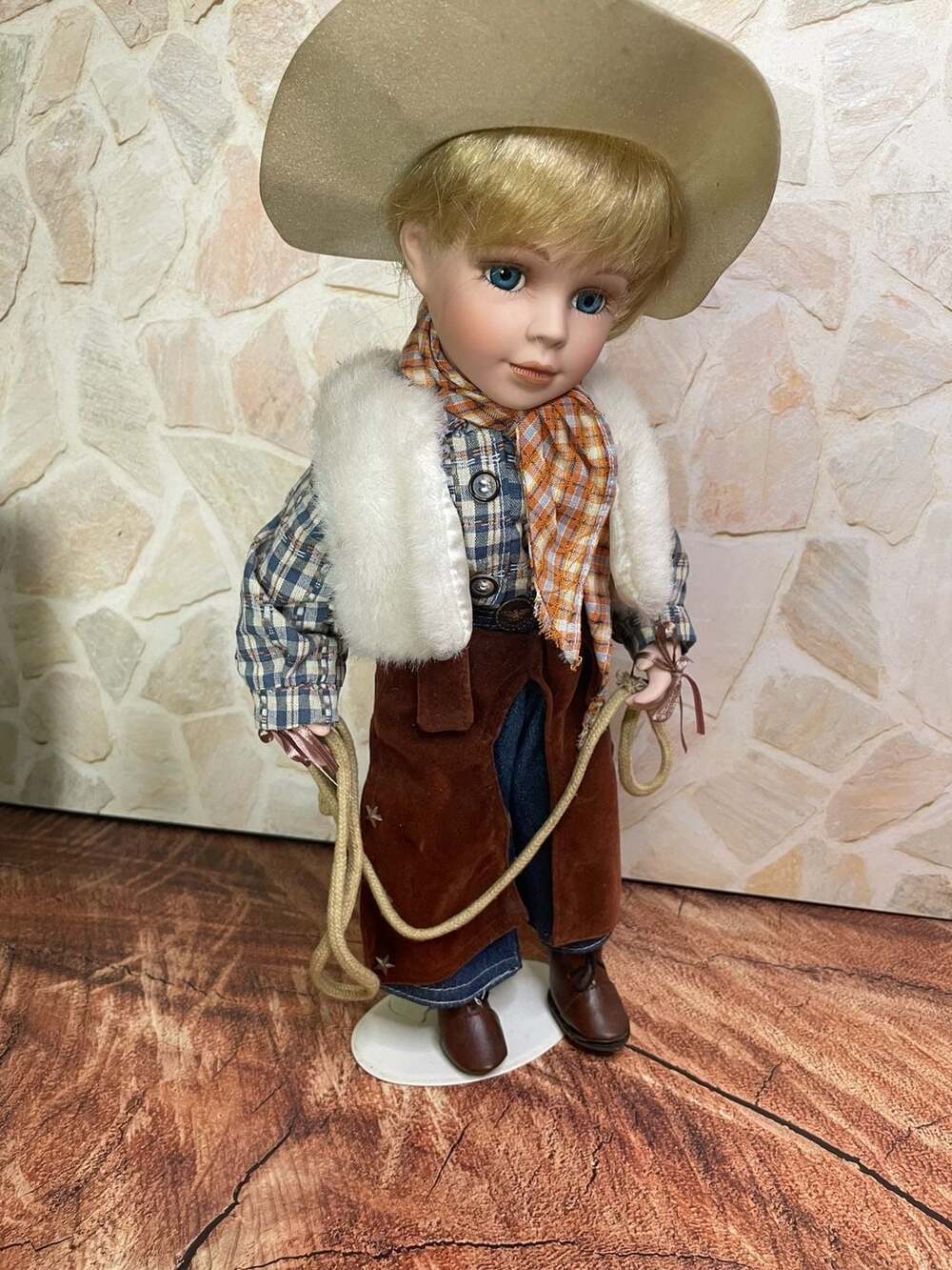 Vintage Porcelain Bisque Western Cowboy Doll with Chaps and Hat